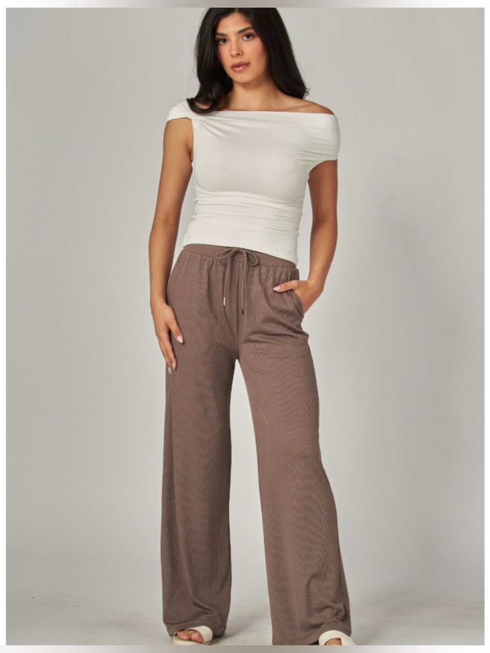 Stretchy Ribbed Drawstring Pocket Wide Leg Pants NEW - Brown